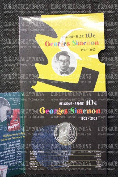 2003 Belgio Georges Simenon 10 Euro in argento PROOF in folder