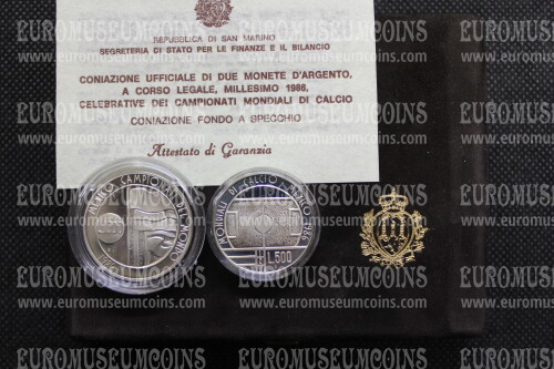 1986 San Marino dittico monete Lire Campionati del Mondo di Calcio Messico argento Proof