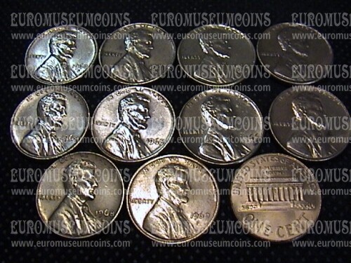USA lotto 10 monete da 1 cent Lincoln dal 1960 al 1969