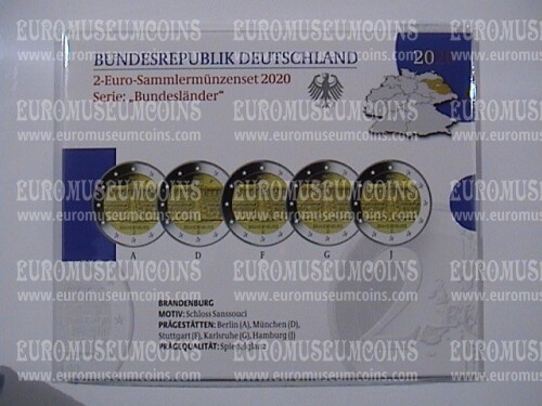 Germania 2020 Castello di Sanssouci 5 zecche 2 Euro commemorativi proof ADFGJ in folder ufficiale