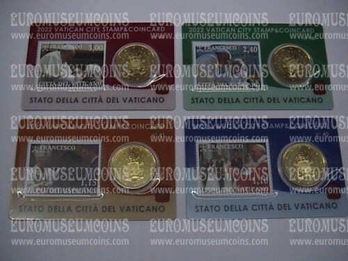 2022 Vaticano set 4 coincard 50 cent + francobollo Papa Francesco N.40/41/42/43
