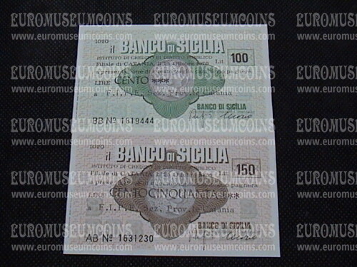 1976 Coppia di 2 Miniassegni Banco di Sicilia F.I.P.E. Sez. Prov.le Catania