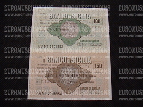 1977 Coppia di 2 Miniassegni Banco di Sicilia F.I.P.E. Sez. Prov.le Catania