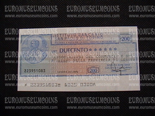 1976  Miniassegno Istituto Bancario San Paolo di Torino 23 Gennaio da Lire 200 