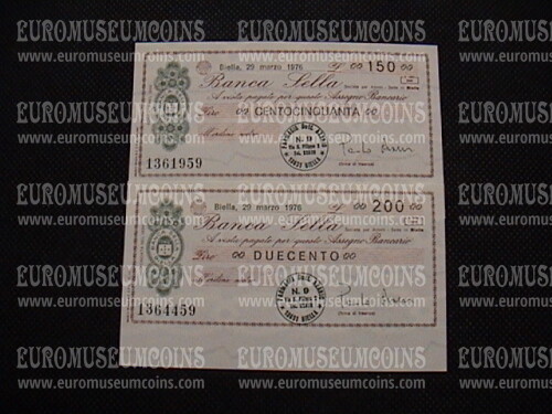 1976  Lotto di 2 Miniassegni Banca Sella Farmacia Azario 29 Marzo