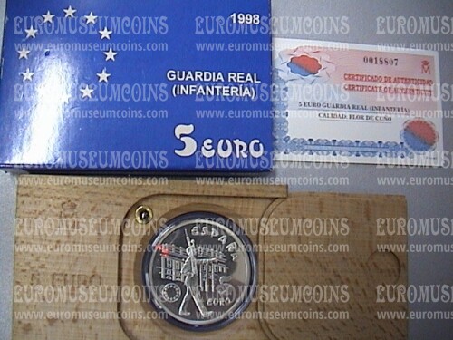 1998 Spagna 5 Euro in argento FDC Guardia Real ( Infanteria )