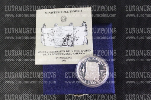 1991 Italia 500 Lire PROOF Scoperta dell'America in argento con cofanetto  