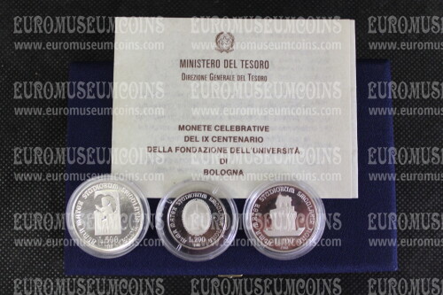 1988 Italia 500 - 200 - 100 Lire PROOF Università di Bologna argento con cofanetto  