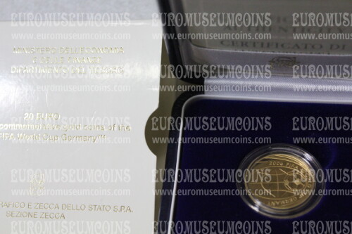 2004 Italia 20 Euro PROOF MONDIALI CALCIO 2006 in oro in confezione IPZS  