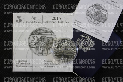 2015 Italia 5 Euro FDC CENTENARIO TERREMOTO di AVEZZANO in argento con cofanetto  
