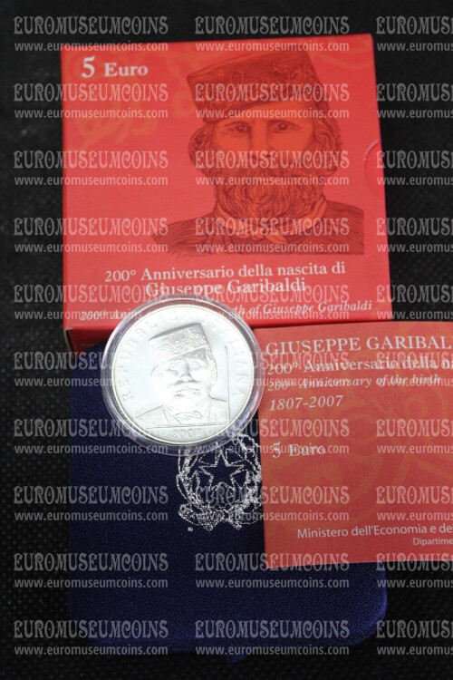 2007 Italia 5 Euro FDC GARIBALDI in argento con cofanetto  