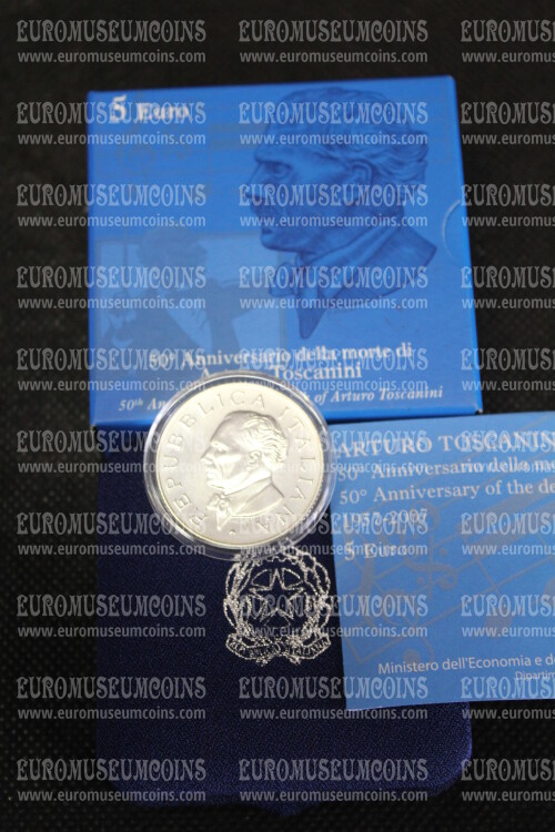 2007 Italia 5 Euro FDC TOSCANINI in argento con cofanetto  