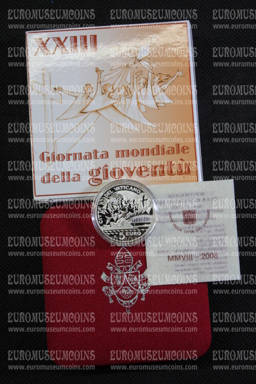 2008 Vaticano 5 Euro Proof Giornata Mondiale della Gioventù in argento con cofanetto  