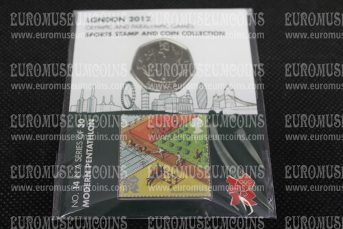 2012 Gran Bretagna Pentathlon Moderno 50 pence FDC e Francobollo 1st in confezione ufficiale