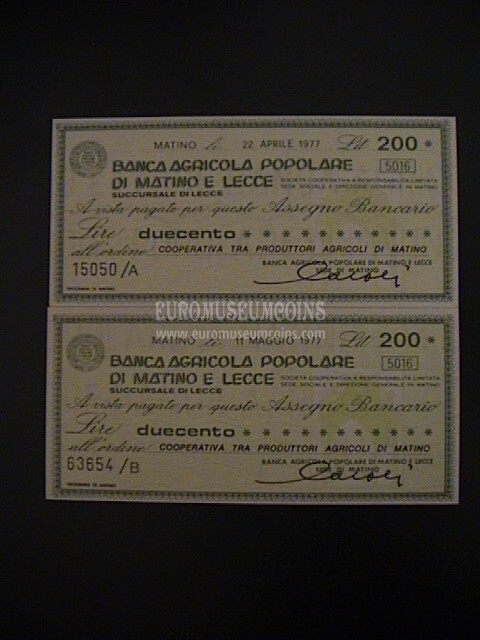 1977 Lotto di 2 Miniassegni Banca Agricola Popolare di Matino e Lecce