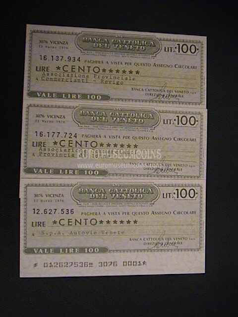 1976 Lotto di 3 Miniassegni Banca Cattolica del Veneto 12 Marzo