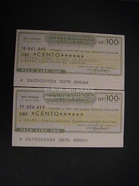 1976 Lotto di 2 Miniassegni Banca Cattolica del Veneto 18 Marzo