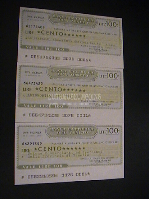 1976 Lotto di 3 Miniassegni Banca Cattolica del Veneto 29 Dicembre