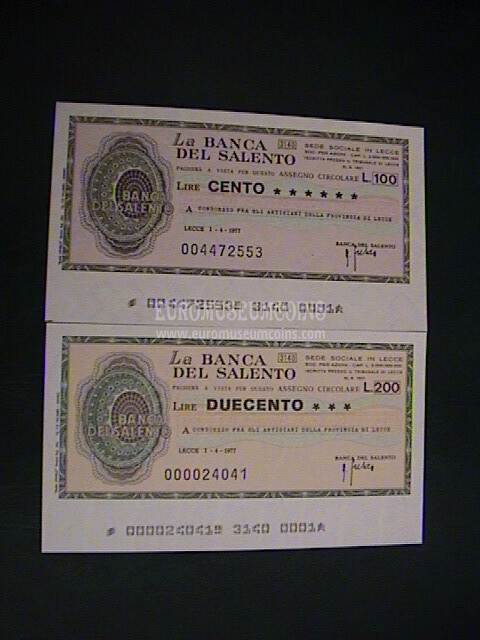 1977 Lotto di 2 Miniassegni Banca del Salento 1 Aprile