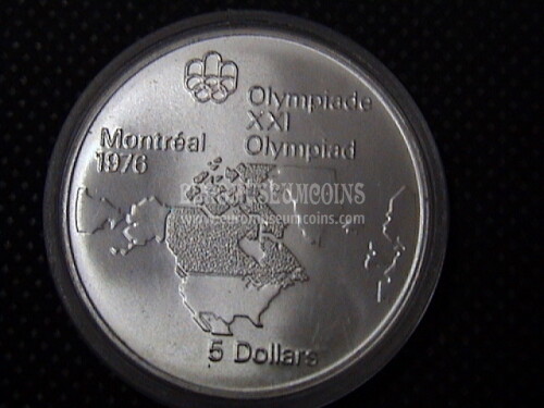 1973 Canada 5 Dollari Olimpiadi di Montreal 1976 in argento Mappa Nord America