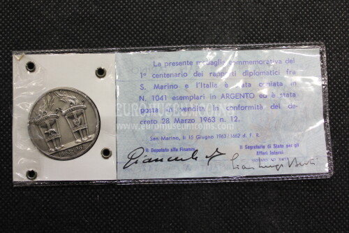 1963 San Marino Rapporti Diplomatici medaglia in argento