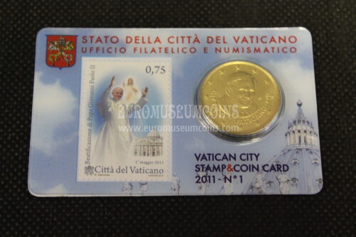 2011 Vaticano 50 cent + francobollo Giovanni Paolo secondo coincard + stamp n° 1