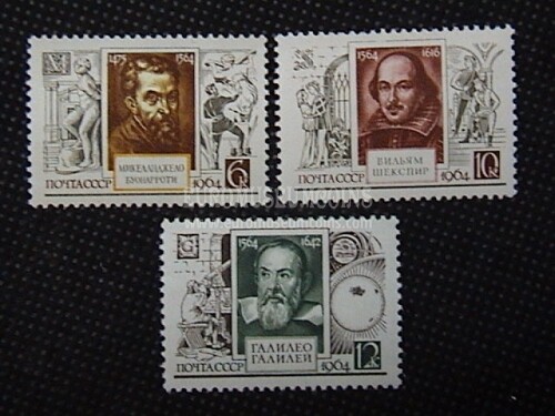 1964 U.R.S.S.francobolli Shakespeare Michelangelo Galileo 3 valori
