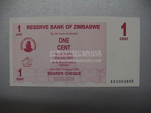 1 Cent di dollaro banconota emessa dallo Zimbabwe nel 2006 