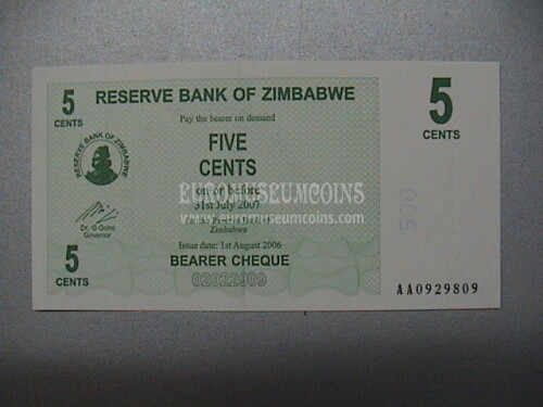 5 Cents di dollaro banconota emessa dallo Zimbabwe nel 2006  