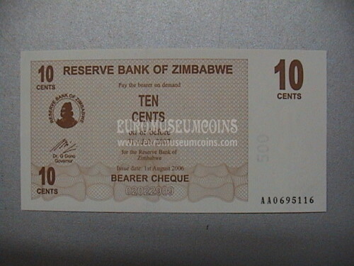 10 Cents di dollaro banconota emessa dallo Zimbabwe nel 2006 