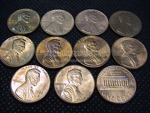 USA lotto 10 monete da 1 cent Lincoln dal 1980 al 1989