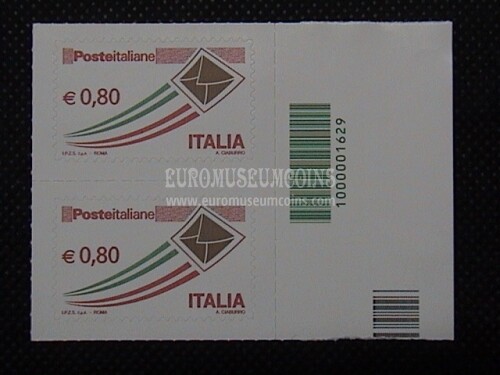 2014 Italia posta ordinaria coppia 80 cent codice a barre busta
