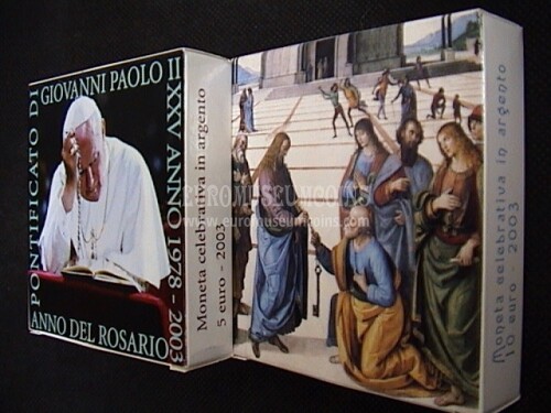 2003 Vaticano Dittico 5 + 10 Euro Proof Anno del Rosario e 25° anniversario Pontificato in argento con cofanetto  