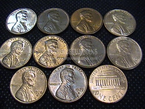 USA lotto 10 monete da 1 cent Lincoln dal 1970 al 1979