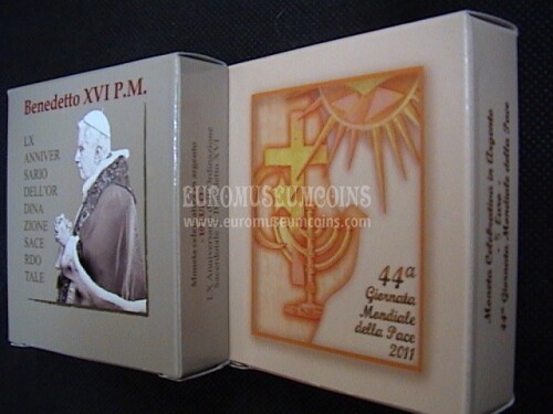 2011 Vaticano Dittico 5 + 10 Euro Proof Giornata Mondiale della Pace e Anniversario Sacerdozio Benedetto XVI in argento con cofanetto  