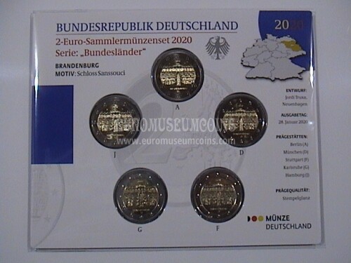 Germania 2020 Castello di Sanssouci 5 zecche 2 Euro commemorativi FDC ADFGJ in folder ufficiale