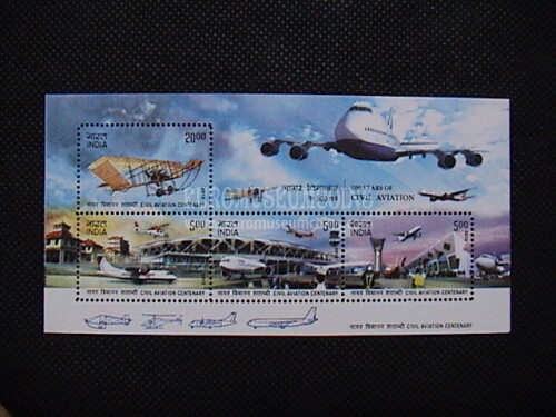 2012 INDIA foglietto francobolli TEMATICA Trasporti : centenario aviazione civile