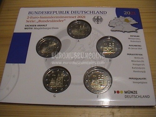 Germania 2021 Cattedrale di Magdeburgo 5 zecche 2 Euro commemorativi FDC ADFGJ in folder ufficiale