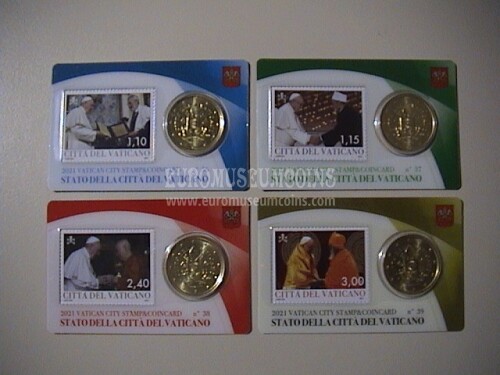 2021 Vaticano set 4 coincard 50 cent + francobollo Viaggi Pastorali 2020 N.36/37/38/39