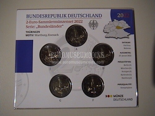 Germania 2022 Turingia 5 zecche 2 Euro commemorativi FDC ADFGJ in folder ufficiale