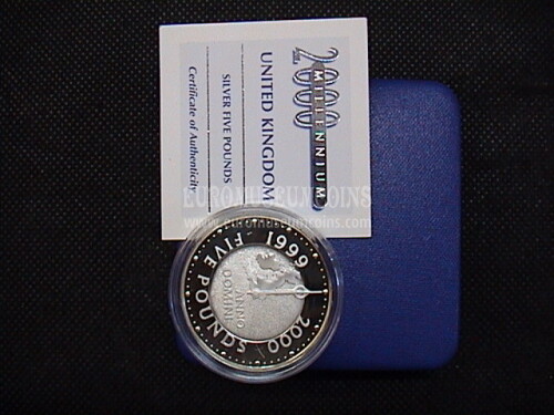1999 Gran Bretagna 5 Sterline proof Millennium in argento 999