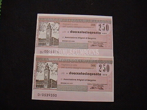 1976 - 1977 Lotto di 2 Miniassegni Banca Popolare di Bergamo da Lire 250