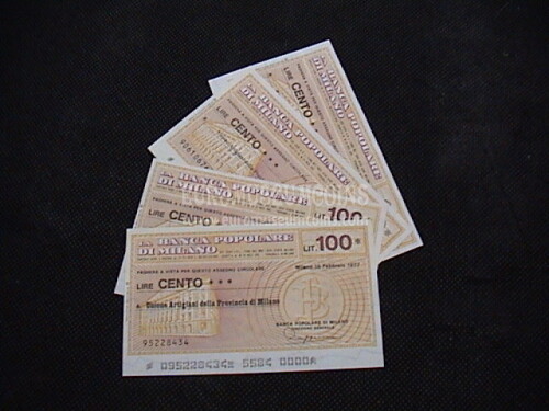 1976 - 1977 Lotto di 9 Miniassegni Banca Popolare di Milano da Lire 100