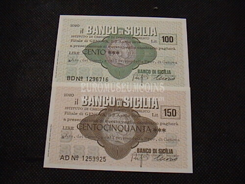 1976 Coppia di 2 Miniassegni Banco di Sicilia Ass.del Comm. e Turismo della Prov.di Genova