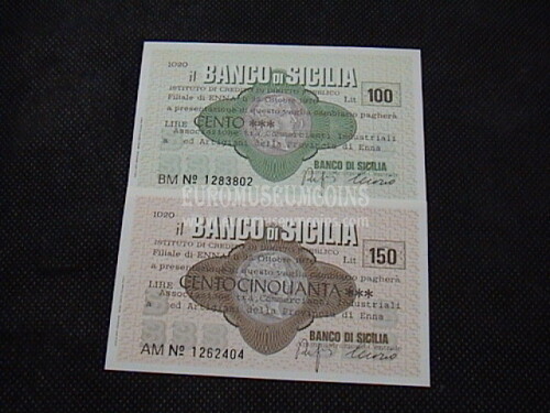 1976 Coppia di 2 Miniassegni Banco di Sicilia Ass. tra Comm. Ind. ed Art. della Prov. di Enna