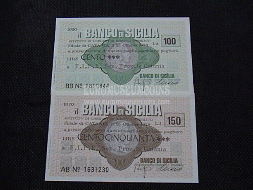 1976 Coppia di 2 Miniassegni Banco di Sicilia F.I.P.E. Sez. Prov.le Catania
