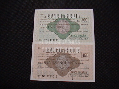 1977 Coppia di 2 Miniassegni Banco di Sicilia Ass. Prov.del Comm.e Turismo Caltanisetta