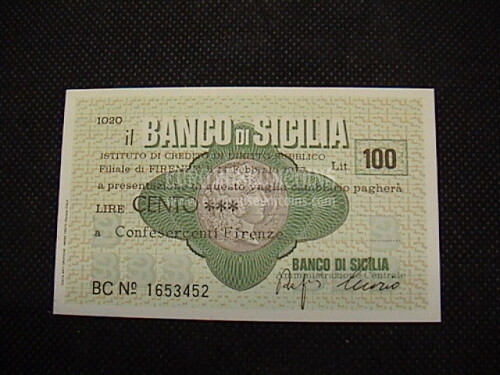 1977 Miniassegno Banco di Sicilia Confesercenti da Lire 100