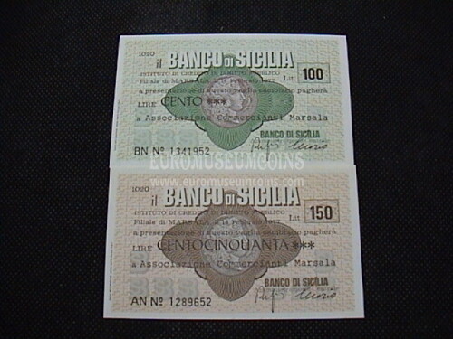 1977 Coppia di 2 Miniassegni Banco di Sicilia Ass. Commercianti Marsala