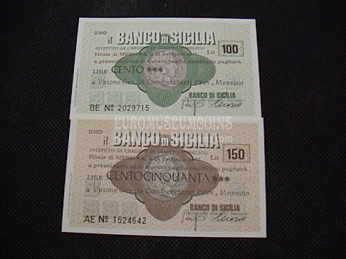 1977 Coppia di 2 Miniassegni Banco di Sicilia Unione Gen. Commercianti Prov. di Messina